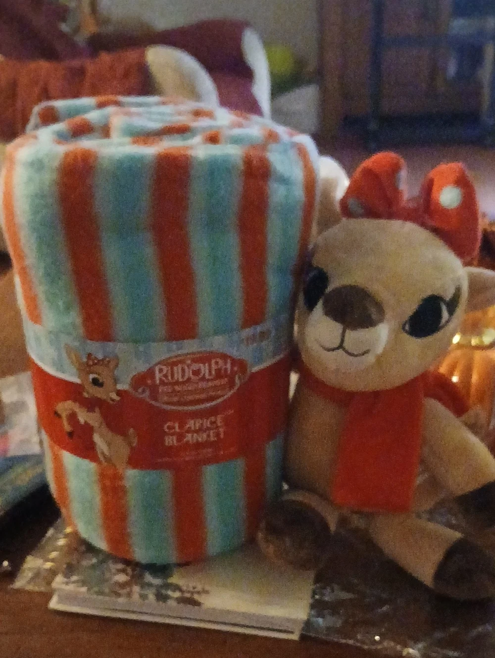 Rudolph Plush & Striped Clarice Blanket - Red and Light Blue